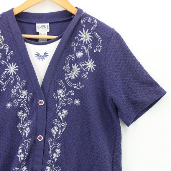 Vintage Koret Francisca Shirt Top Womens Navy Blue Short Sleeve V Neck Floral S - Picture 2 of 9
